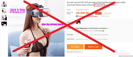 С 2 марта 2017 года на интернет гипермаркете запретили продавать очки виртуальной реальности с использованием порно текста и порно изображения. если продавец не удалит порно текст и изображение, то его аккаунт будет удалён