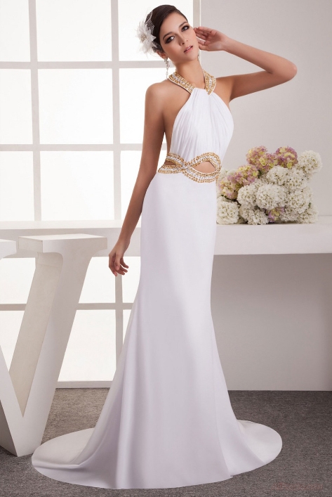 Очень стильное белое платье для выпускного бала в стиле Египетской Клеопатры