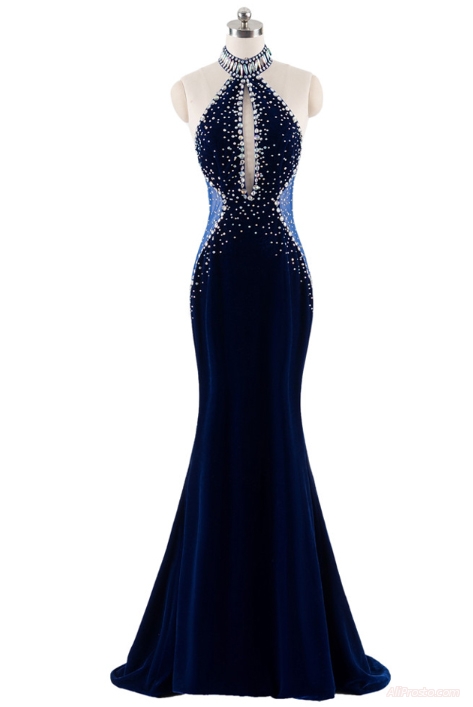 Тёмно-синее платье для выпускного вечера с бисером